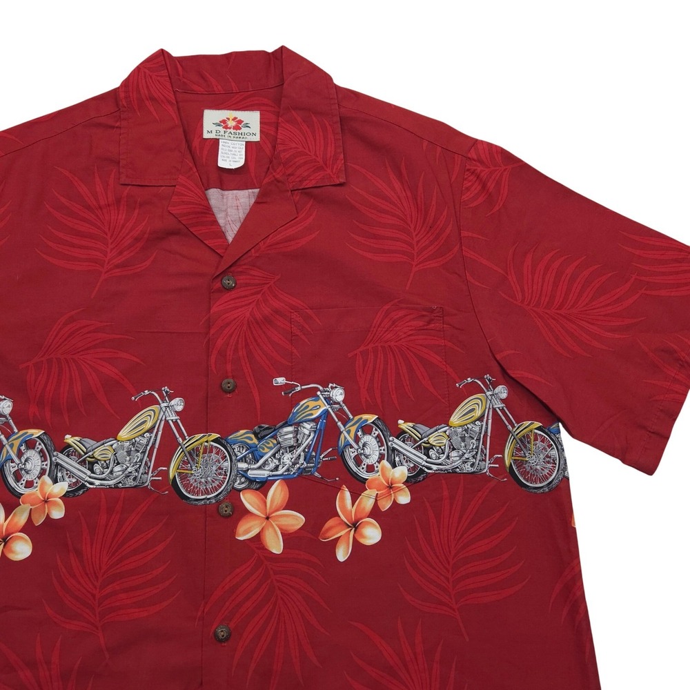VTG MD Fashion Hawaiian Shirt Motorcycle Floral Print Red Mens Large USA Made